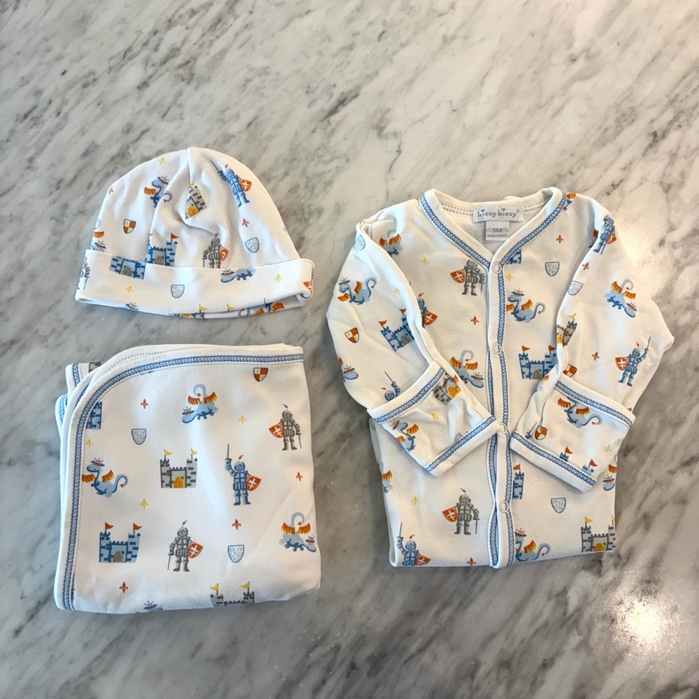 Kissy Kissy White Blue Castle & Knight Print One-Piece Set